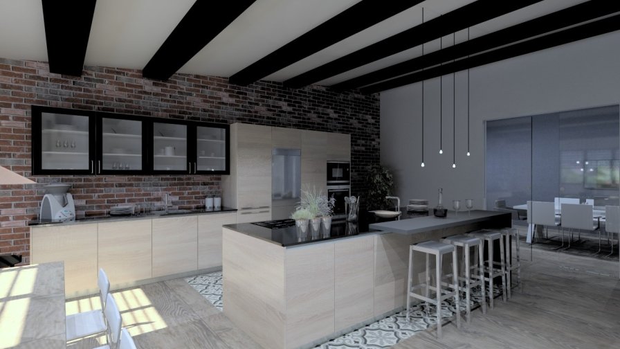 Aravaca | Cocina Santos | Modelo Line Estratificado Roble Barrica | Encimera Sahara Nights