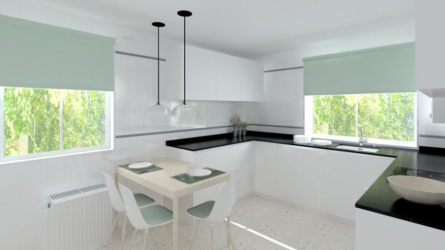 Madrid |Cocina Santos | Modelo Line L Blanco Seda Mate | Encimera Granito Negro