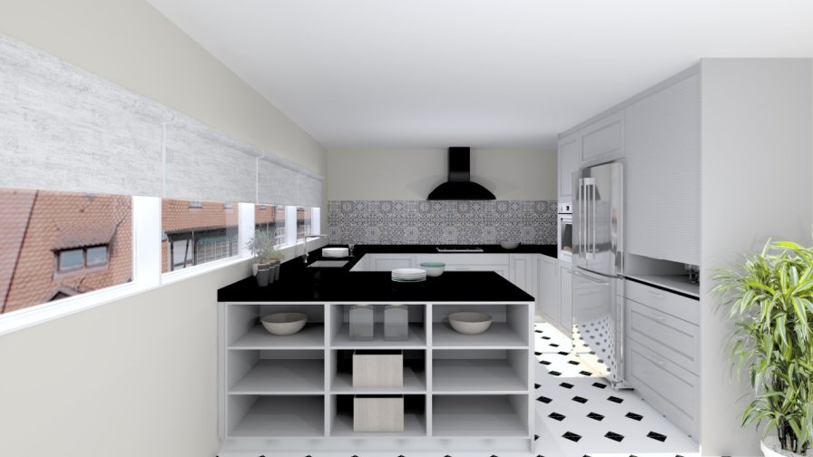 Madrid | Cocina Santos | Modelo Epoca Gris Piedra | Encimera Granito Negro Satén