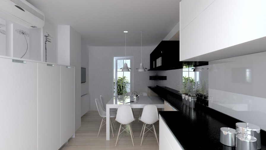 Aravaca | Cocina Santos | Modelo Minos Line Laminado Seda Blanco | Encimera Granito Zimbawe 