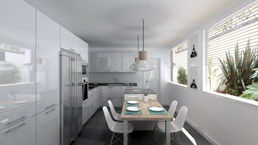 Aravaca | Cocina Santos | Modelo Plano Laminado Blanco Polar Brillo | Encimera Silestone Marengo