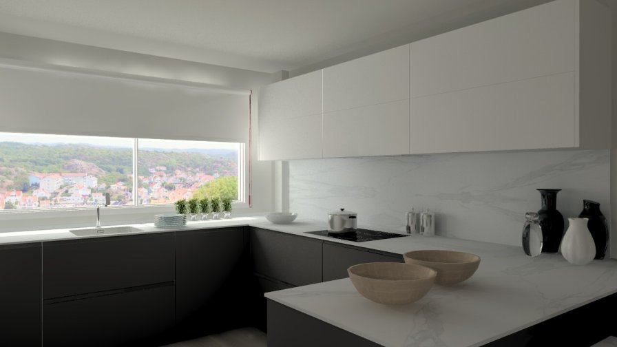 Aravaca | Cocina Santos | Modelo Intra Estratificado Gris Antracita | Encimera Porcelanico Estatuario