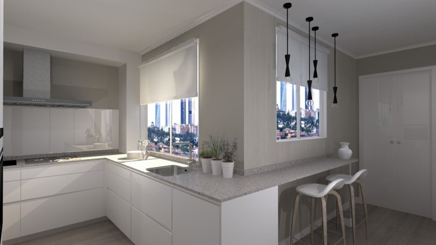 Cocina Santos | Modelo Line E13 Estratificado Blanco Innsbruck | Encimera Silestone Royal Reef