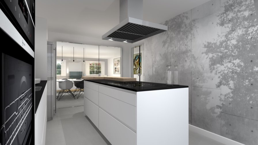 Aravaca | Cocina Santos | Modelo Line E 19 y Ariane 2 Estratificado Color Blanco Seff y Roble Barrica Vertical | Encimera Dekton Sirius