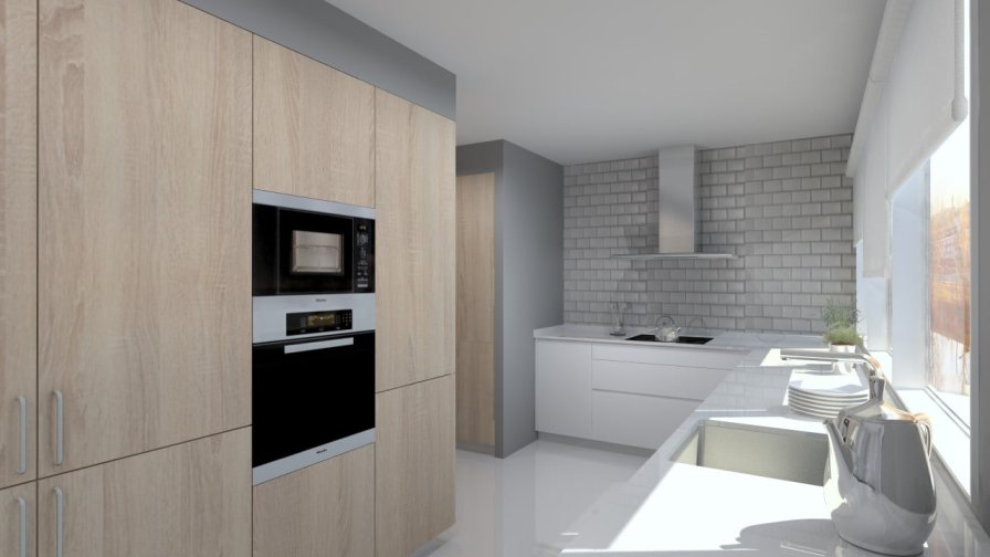 Cocina Santos | Modelo Line-E Y Ariane 2 Estratificado Blanco Seff Y Roble opt Barrica  |  Encimera Silestone Marengo