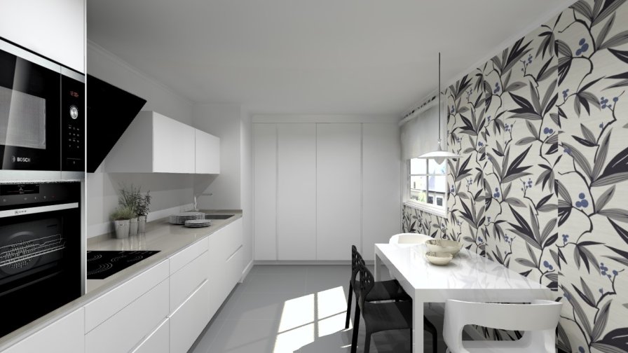 Cocina Santos Line E en Blanco Innsbruk con encimera Silestone Royal Reef y comedor iluminado