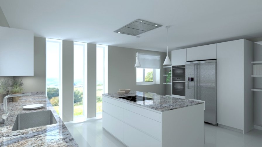 Cocina Santos | Modelo Line E13 Estratificado Blanco Innsbruck | Encimera Granito Naturamia Color Lennon Gold