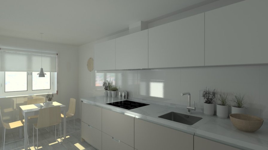 Cocina Santos | Modelo Minos Line-L Laminado Color Gris Arena y Gris C en Bajos y Muebles Altos Modelo Line-L Color Blanco Perla | Encimera Neolith Color Estatuario