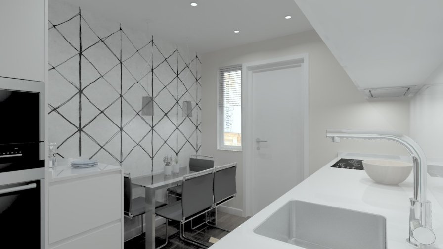 Madrid | Cocina Santos | Modelo Line L Laminado Seda Blanco | Encimera Silestone Blanco 