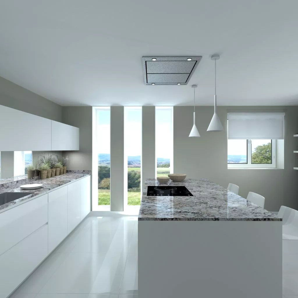 Cocina Santos | Modelo Line E13 Estratificado Blanco Innsbruck | Encimera Granito Naturamia Color Lennon Gold