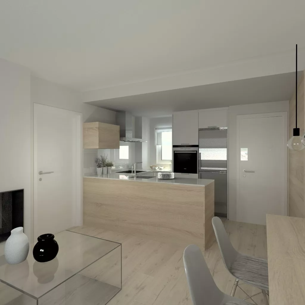 Aravaca | Cocina Santos | Modelo Line Estratificado Blanco y Roble | Encimera Compac Glaciar