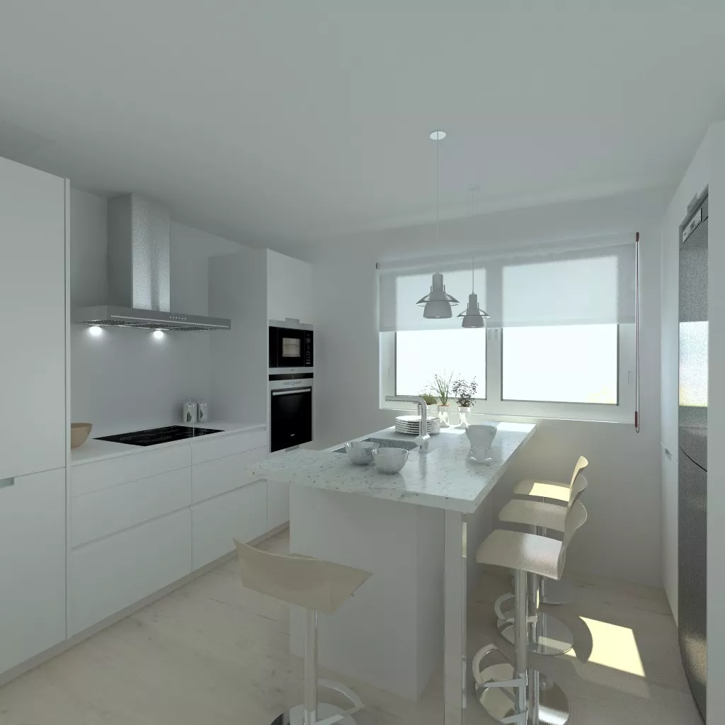 Cocina en laminado seda blanco modelo Santos Line con encimera blanca Silestone