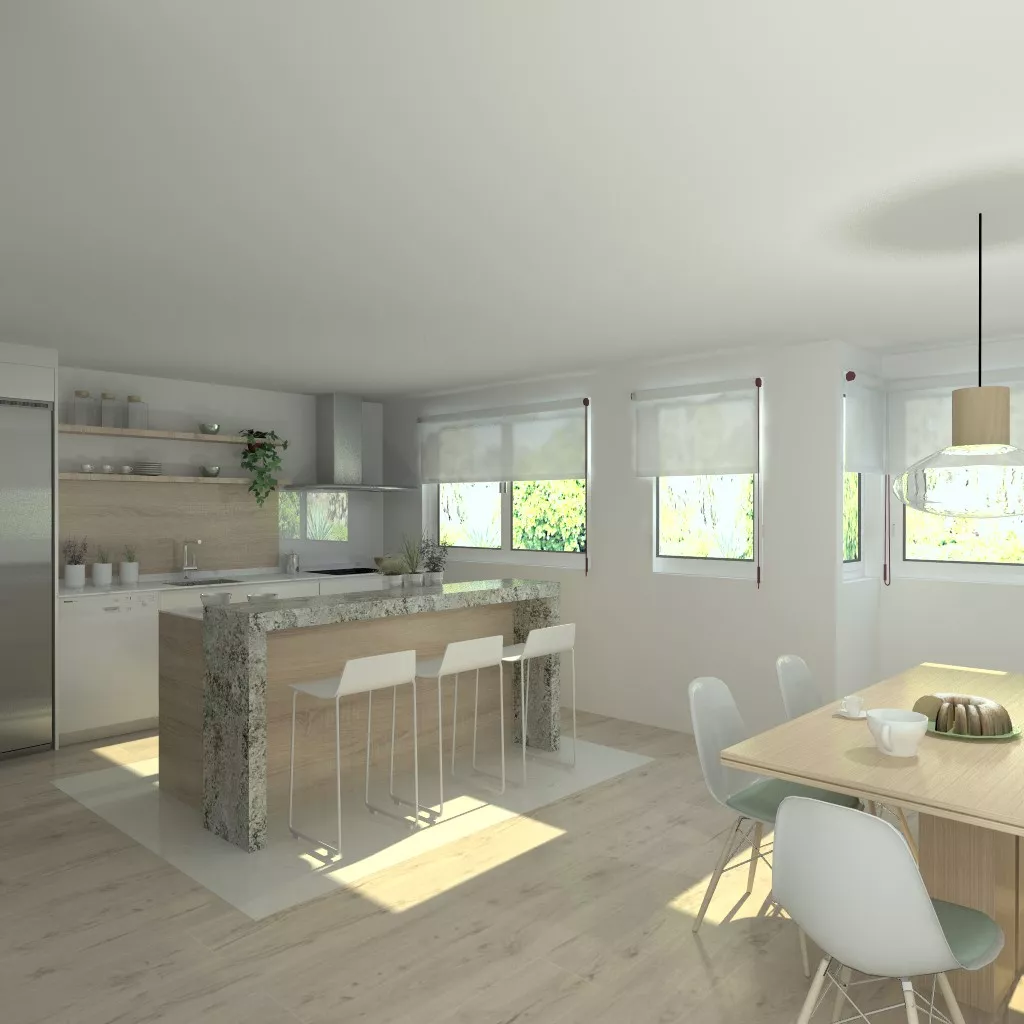 Aravaca | Cocina Santos | Modelo Minos Line Laminado Blanco y Roble Barrica | Encimera Dekton Blanco y Granito Lennon