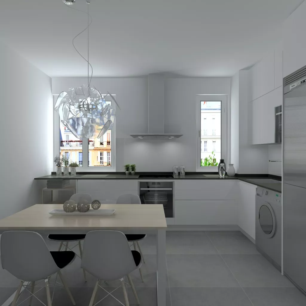 Madrid | Cocina Santos | Modelo Line L Laminado Seda Mate | Encimera Granito Sahara Night Pulido