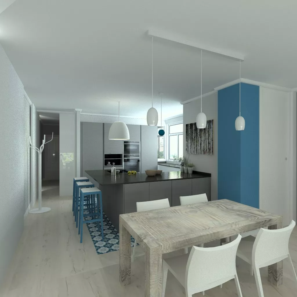 Aravaca | Cocina Santos | Modelo Line E 13 Blanco Sapporo Y Gris Vision | Encimera Granito Sahara Nights