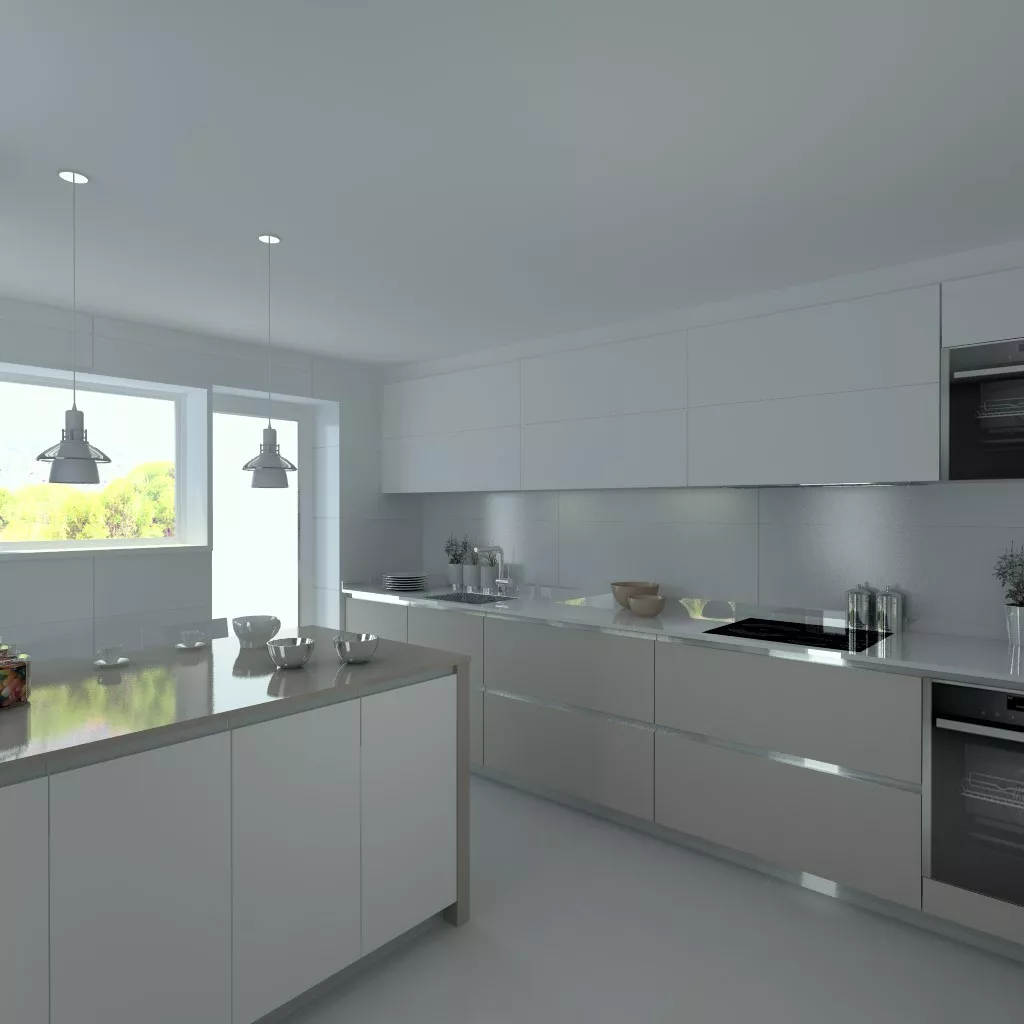 Cocina Santos | Modelo Line E Gris Arena y Blanco Seff | Encimera Silestone Blanco Zeus