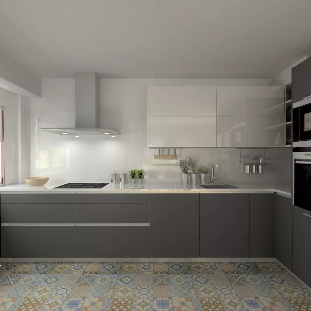 Madrid | Cocina Santos | Modelo Line E Gris y Line L Blanco | Encimera Silestone Blanco 