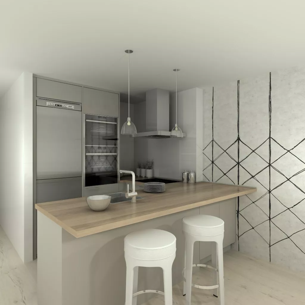 Madrid | Cocina Santos | Modelo Ariane Gris Arena | Encimera Laminada Olmo Claro