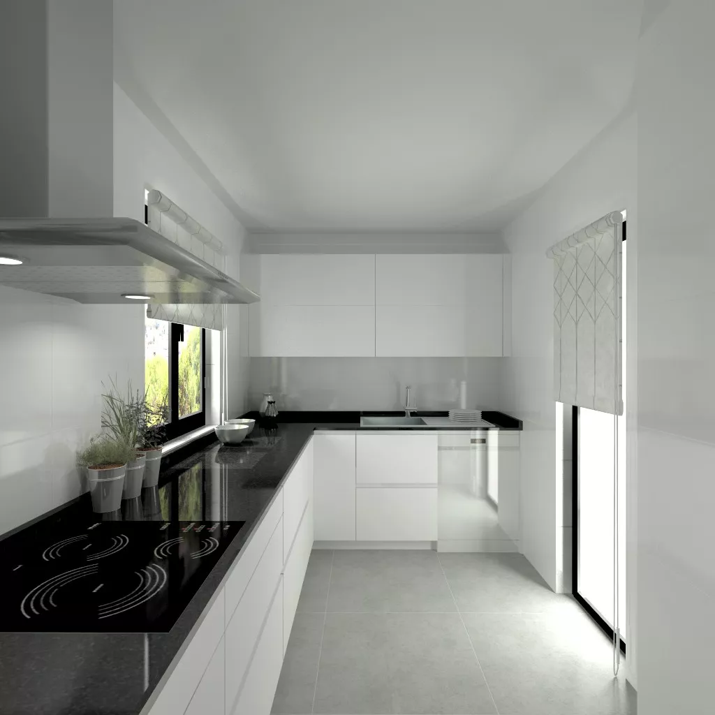Aravaca | Cocina Santos | Modelo Line L Blanco Seda | Encimera Granito Negro