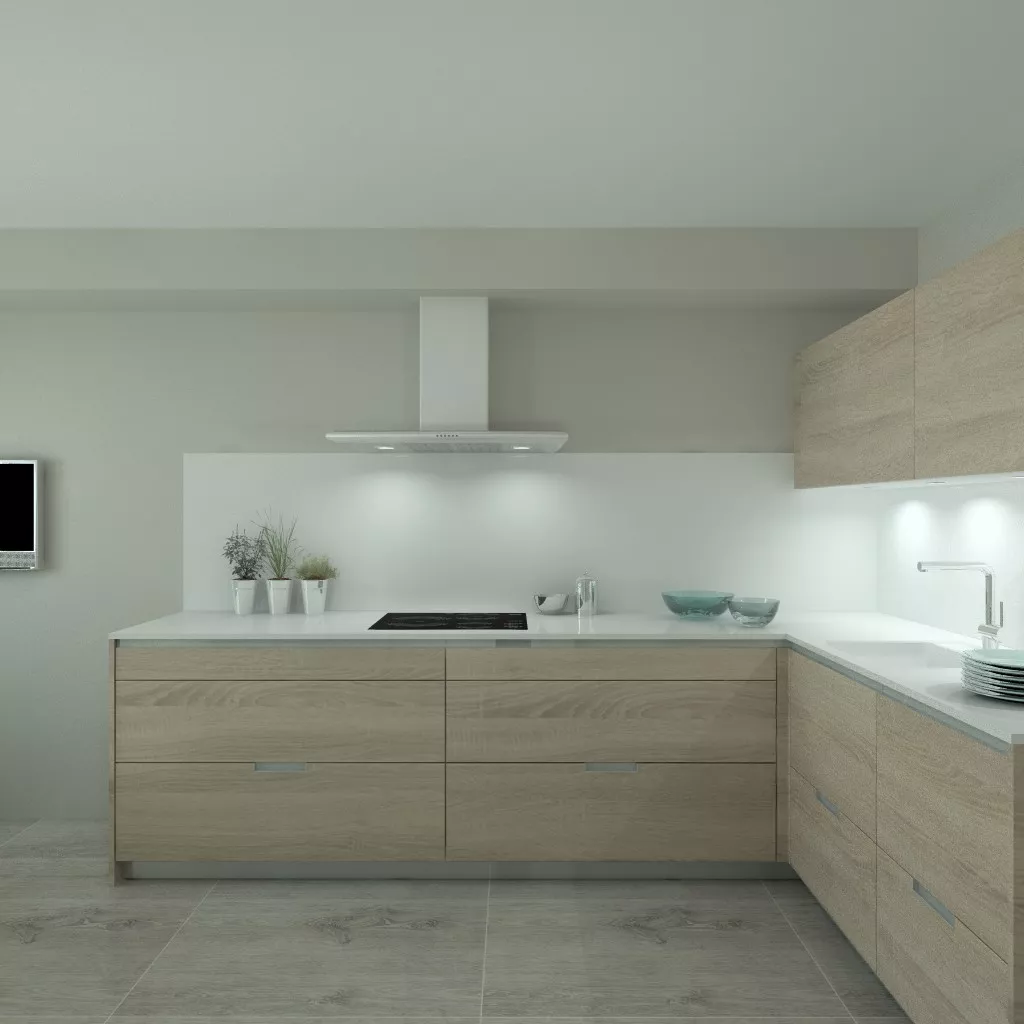 Aravaca | Cocina Santos | Modelo Minos Estratificado Roble Barrica | Encimera Silestone Blanco Suede