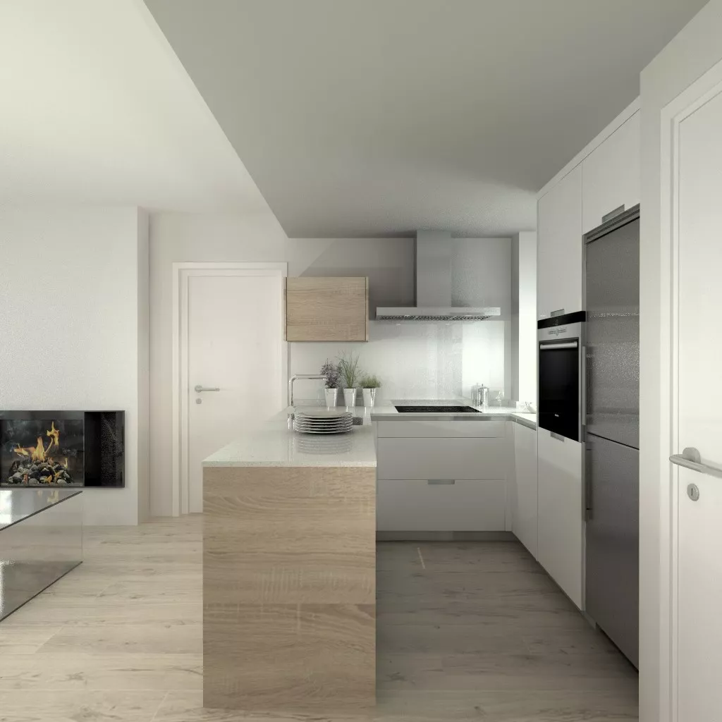 Aravaca | Cocina Santos | Modelo Line Estratificado Blanco y Roble | Encimera Compac Glaciar