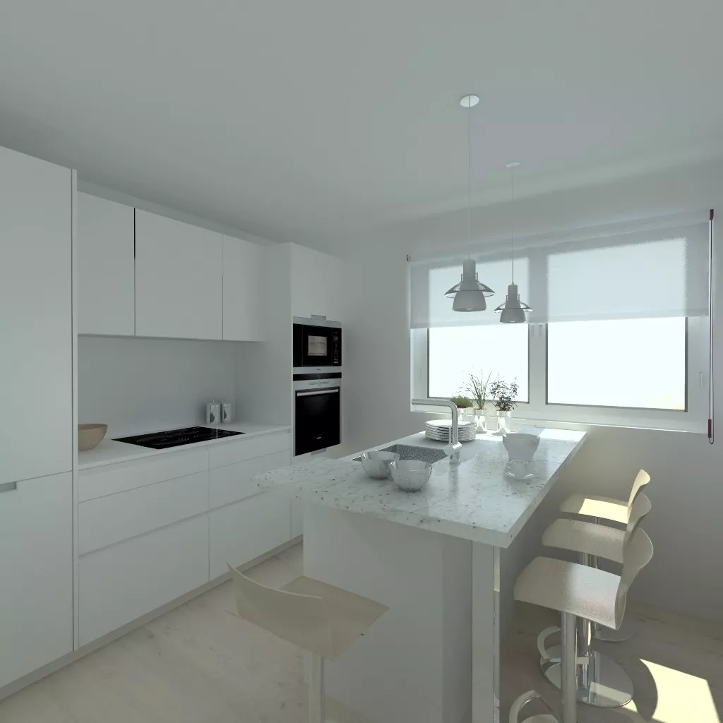 Cocina en laminado seda blanco modelo Santos Line con encimera blanca Silestone