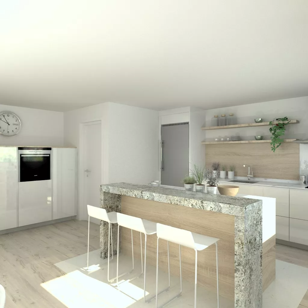 Aravaca | Cocina Santos | Modelo Minos Line Laminado Blanco y Roble Barrica | Encimera Dekton Blanco y Granito Lennon