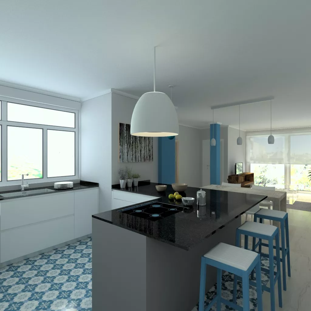 Aravaca | Cocina Santos | Modelo Line E 13 Blanco Sapporo Y Gris Vision | Encimera Granito Sahara Nights