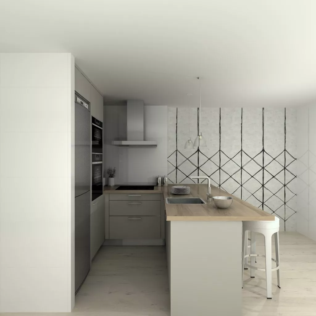 Madrid | Cocina Santos | Modelo Ariane Gris Arena | Encimera Laminada Olmo Claro