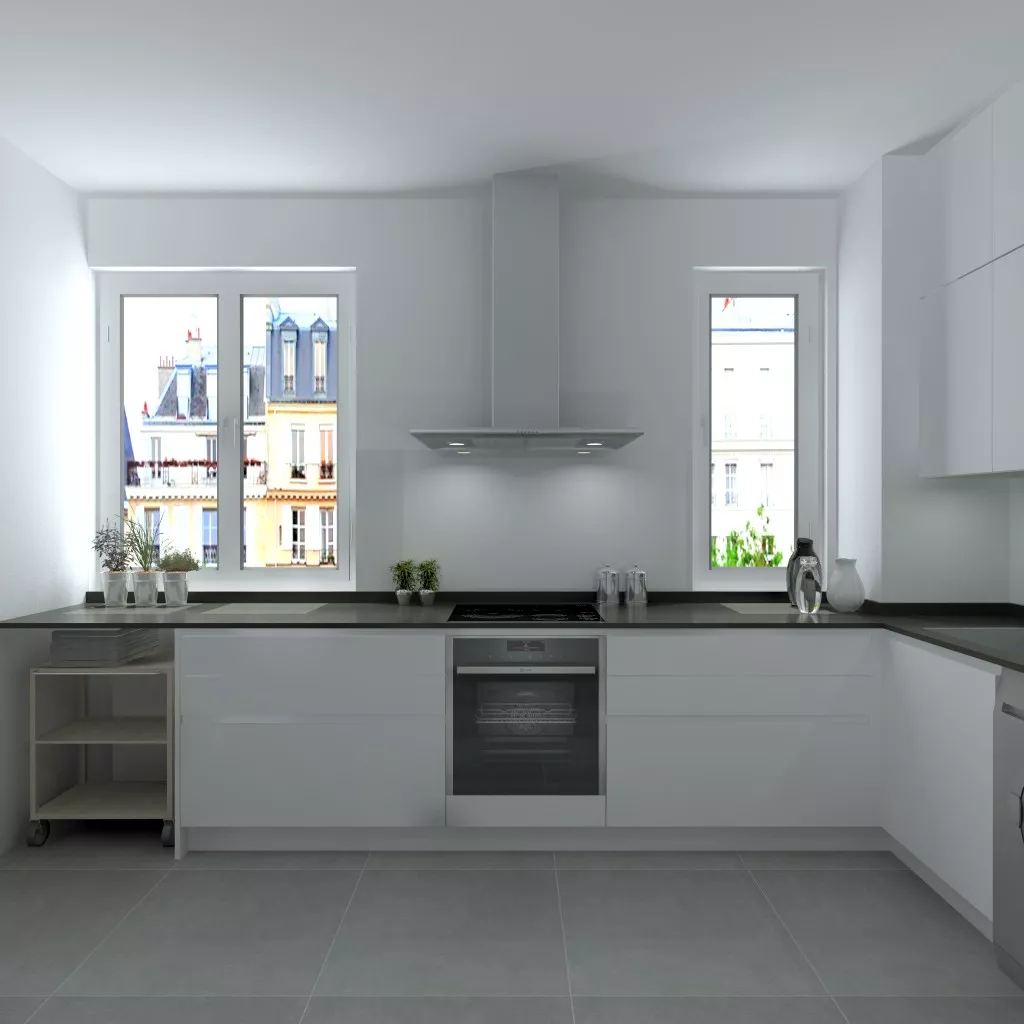 Madrid | Cocina Santos | Modelo Line L Laminado Seda Mate | Encimera Granito Sahara Night Pulido