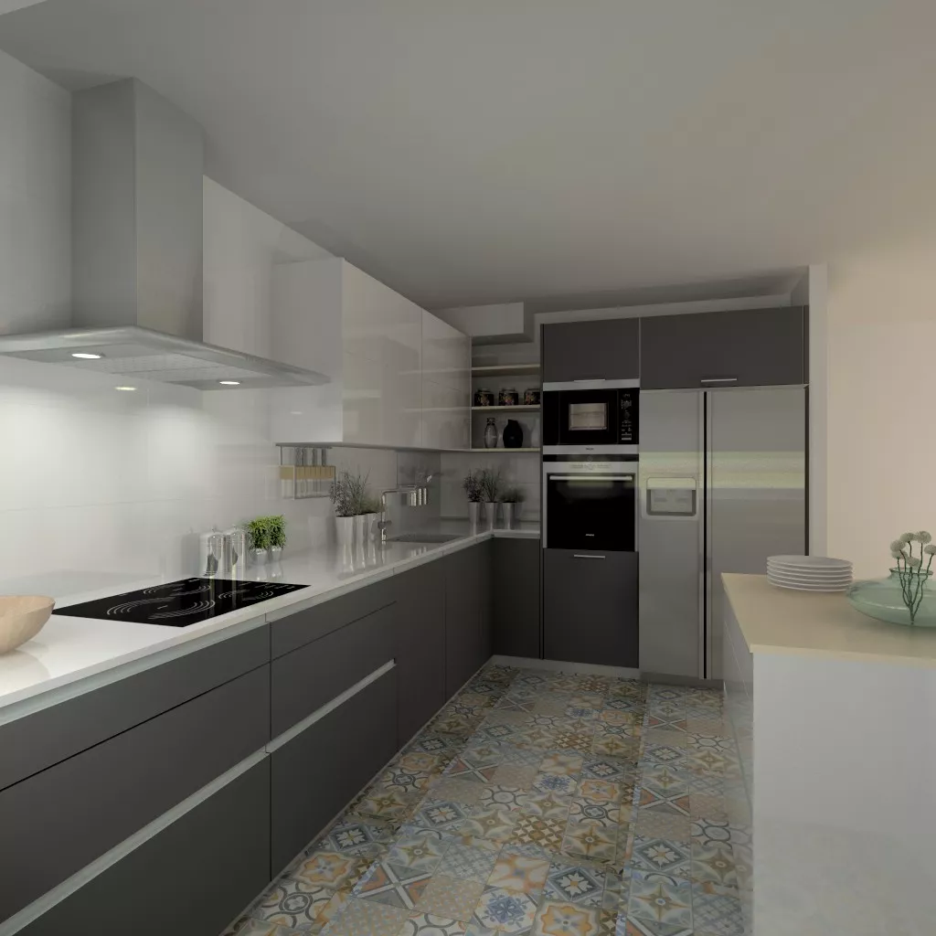 Madrid | Cocina Santos | Modelo Line E Gris y Line L Blanco | Encimera Silestone Blanco 