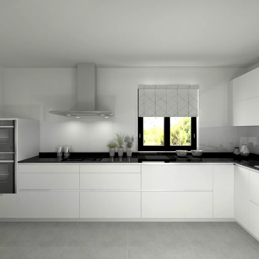 Aravaca | Cocina Santos | Modelo Line L Blanco Seda | Encimera Granito Negro