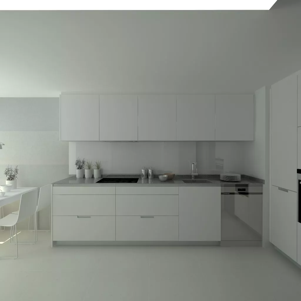 Aravaca | Cocina Santos | Modelo Minos Estratificado Blanco Perla | Encimera Compac Gris Plomo