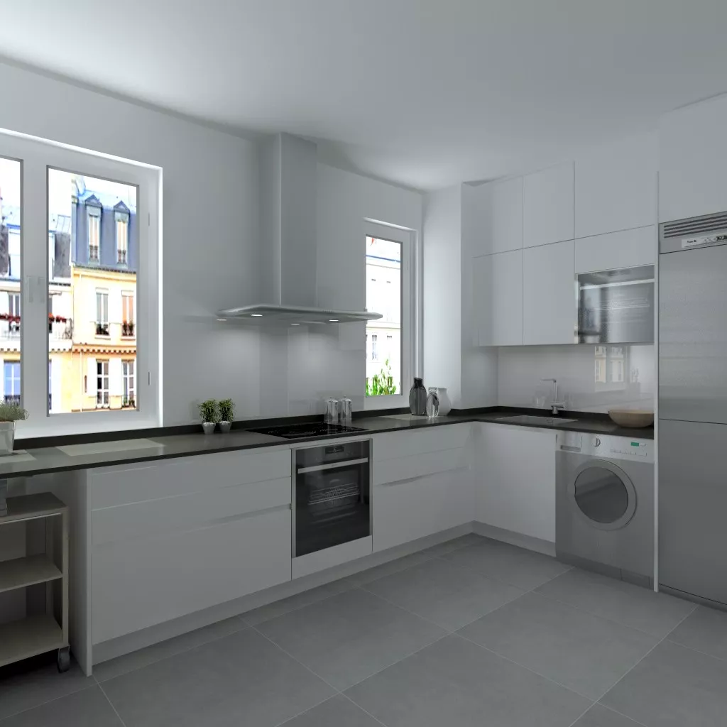 Madrid | Cocina Santos | Modelo Line L Laminado Seda Mate | Encimera Granito Sahara Night Pulido