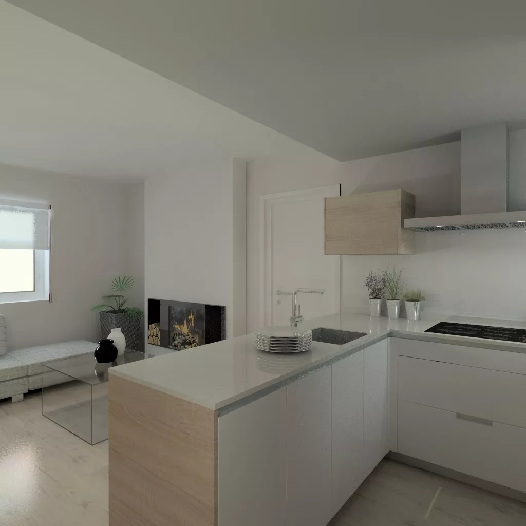 Aravaca | Cocina Santos | Modelo Line Estratificado Blanco y Roble | Encimera Compac Glaciar