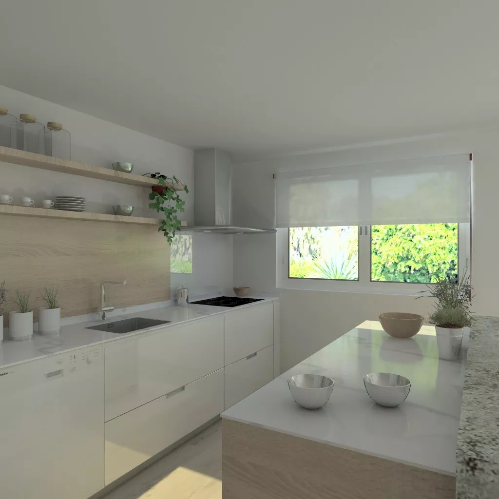 Aravaca | Cocina Santos | Modelo Minos Line Laminado Blanco y Roble Barrica | Encimera Dekton Blanco y Granito Lennon