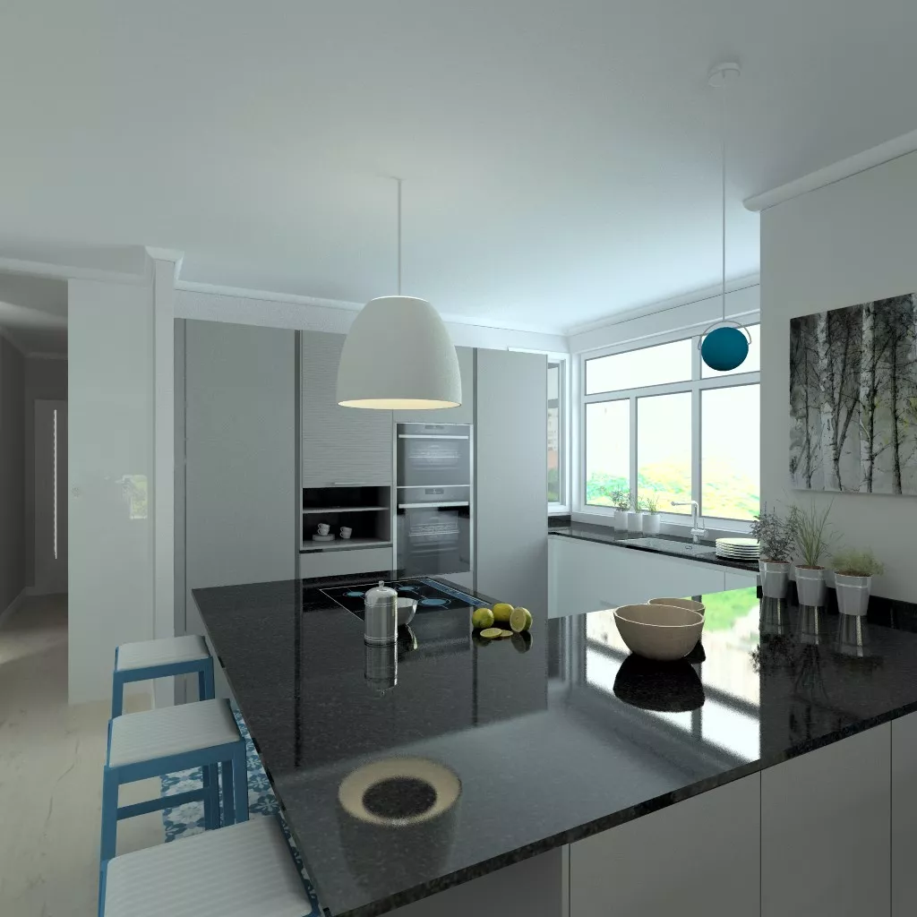 Aravaca | Cocina Santos | Modelo Line E 13 Blanco Sapporo Y Gris Vision | Encimera Granito Sahara Nights