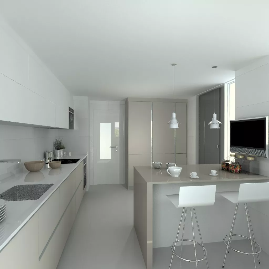 Cocina Santos | Modelo Line E Gris Arena y Blanco Seff | Encimera Silestone Blanco Zeus