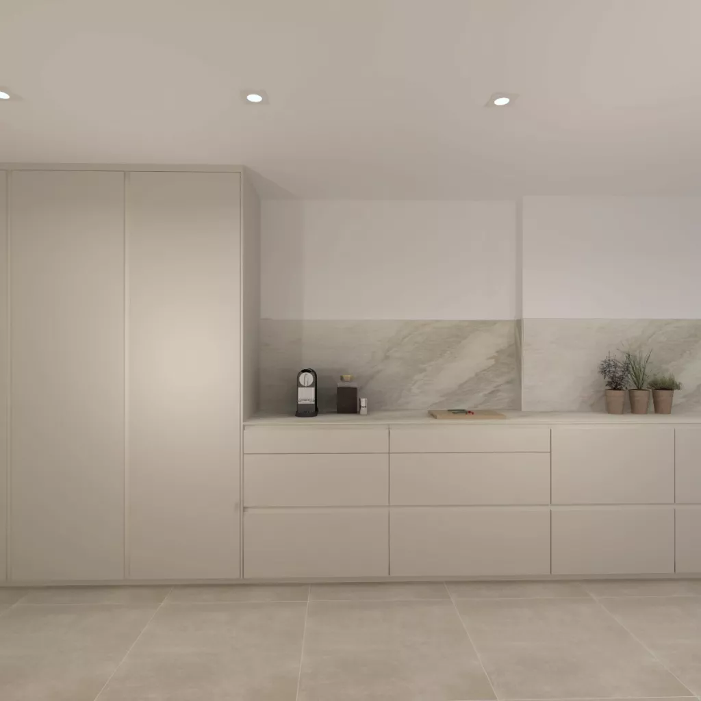 Cocina Santos Blanca en Paralelo con encimera Naturamia