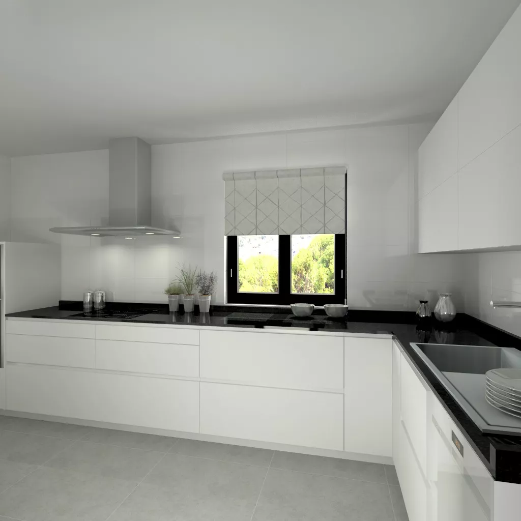 Aravaca | Cocina Santos | Modelo Line L Blanco Seda | Encimera Granito Negro