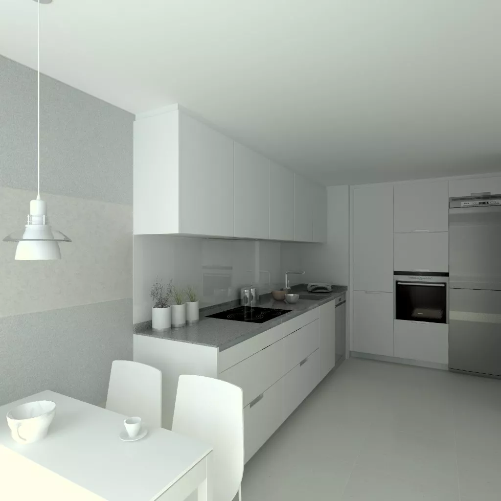 Aravaca | Cocina Santos | Modelo Minos Estratificado Blanco Perla | Encimera Compac Gris Plomo