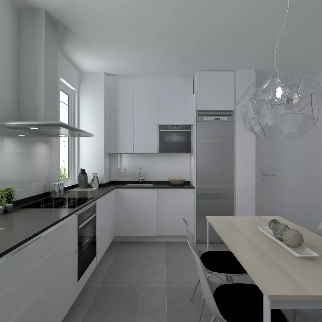 Madrid | Cocina Santos | Modelo Line L Laminado Seda Mate | Encimera Granito Sahara Night Pulido