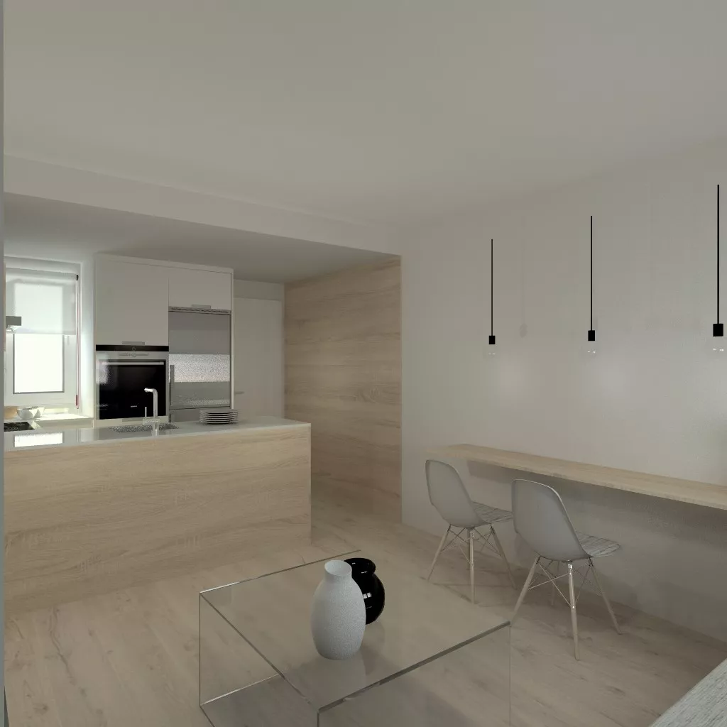 Aravaca | Cocina Santos | Modelo Line Estratificado Blanco y Roble | Encimera Compac Glaciar