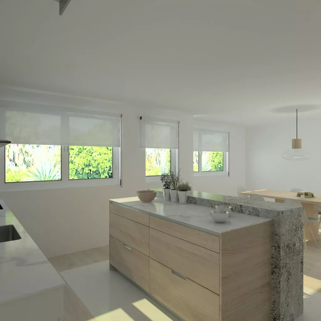 Aravaca | Cocina Santos | Modelo Minos Line Laminado Blanco y Roble Barrica | Encimera Dekton Blanco y Granito Lennon