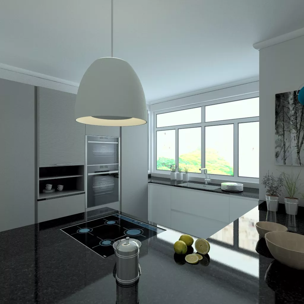 Aravaca | Cocina Santos | Modelo Line E 13 Blanco Sapporo Y Gris Vision | Encimera Granito Sahara Nights