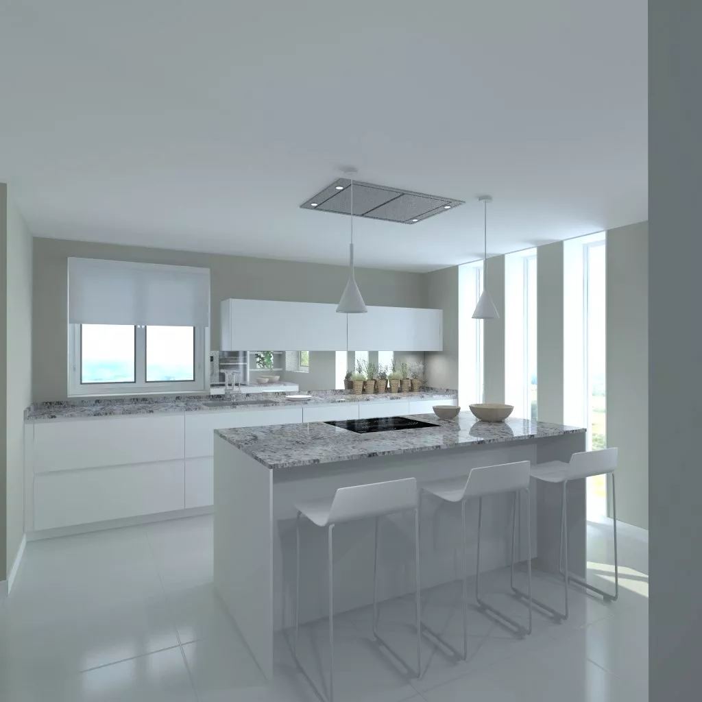 Cocina Santos | Modelo Line E13 Estratificado Blanco Innsbruck | Encimera Granito Naturamia Color Lennon Gold