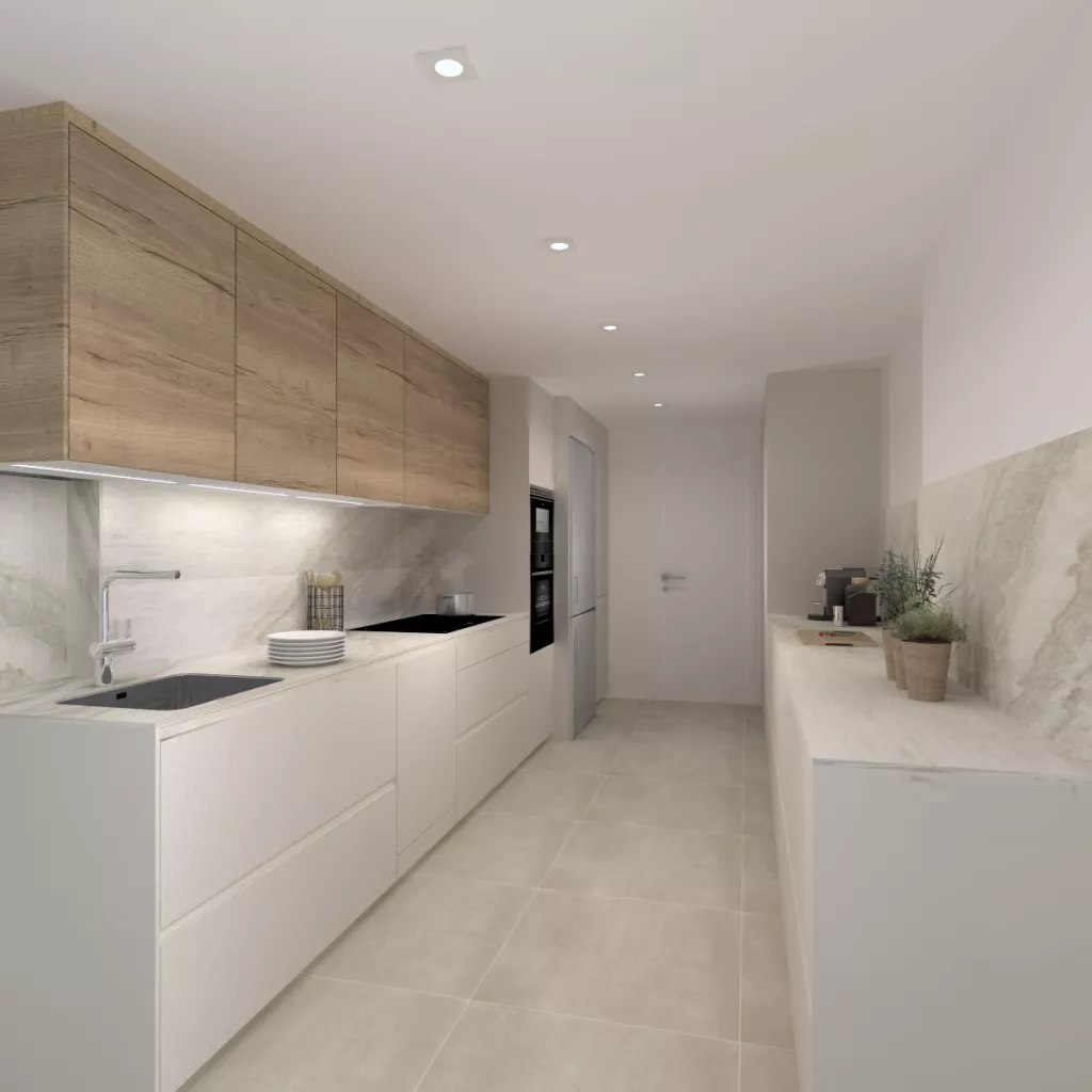 Cocina Santos Blanca en Paralelo con encimera Naturamia