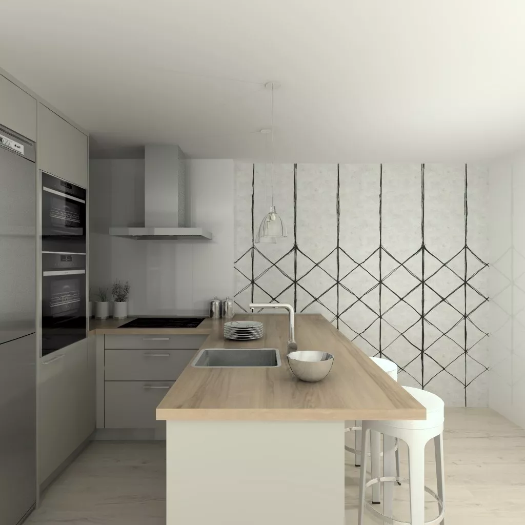 Madrid | Cocina Santos | Modelo Ariane Gris Arena | Encimera Laminada Olmo Claro