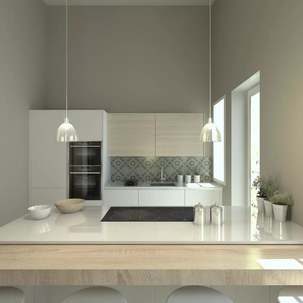 Aravaca | Cocina Santos | Modelo Line L Laminado Seda | Encimera Silestone Blanco