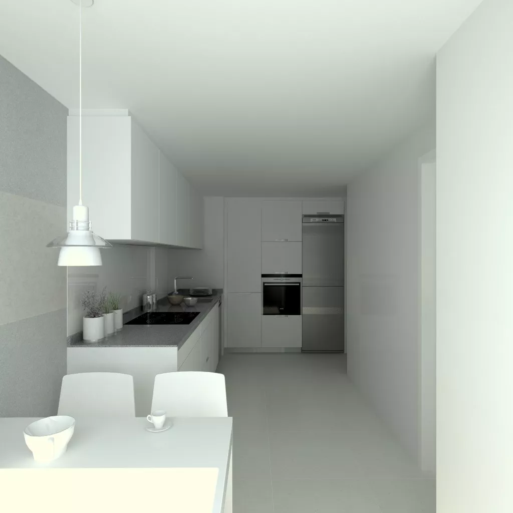 Aravaca | Cocina Santos | Modelo Minos Estratificado Blanco Perla | Encimera Compac Gris Plomo